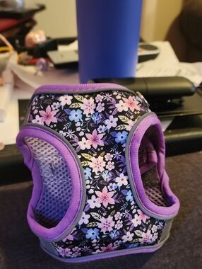 Floral Purple Pet Harness - Black Background with Pink & Blue Flowers